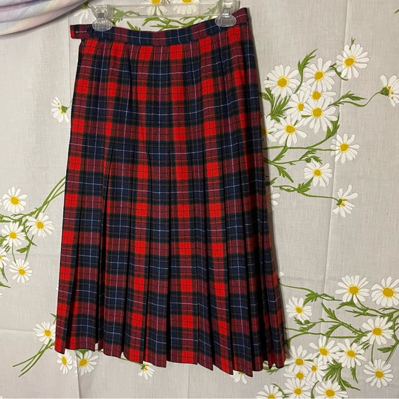 Vintage 1970s 70s Pendleton Mason Tartan navy red plaid wool midi pleated skirt - Picture 3 of 5